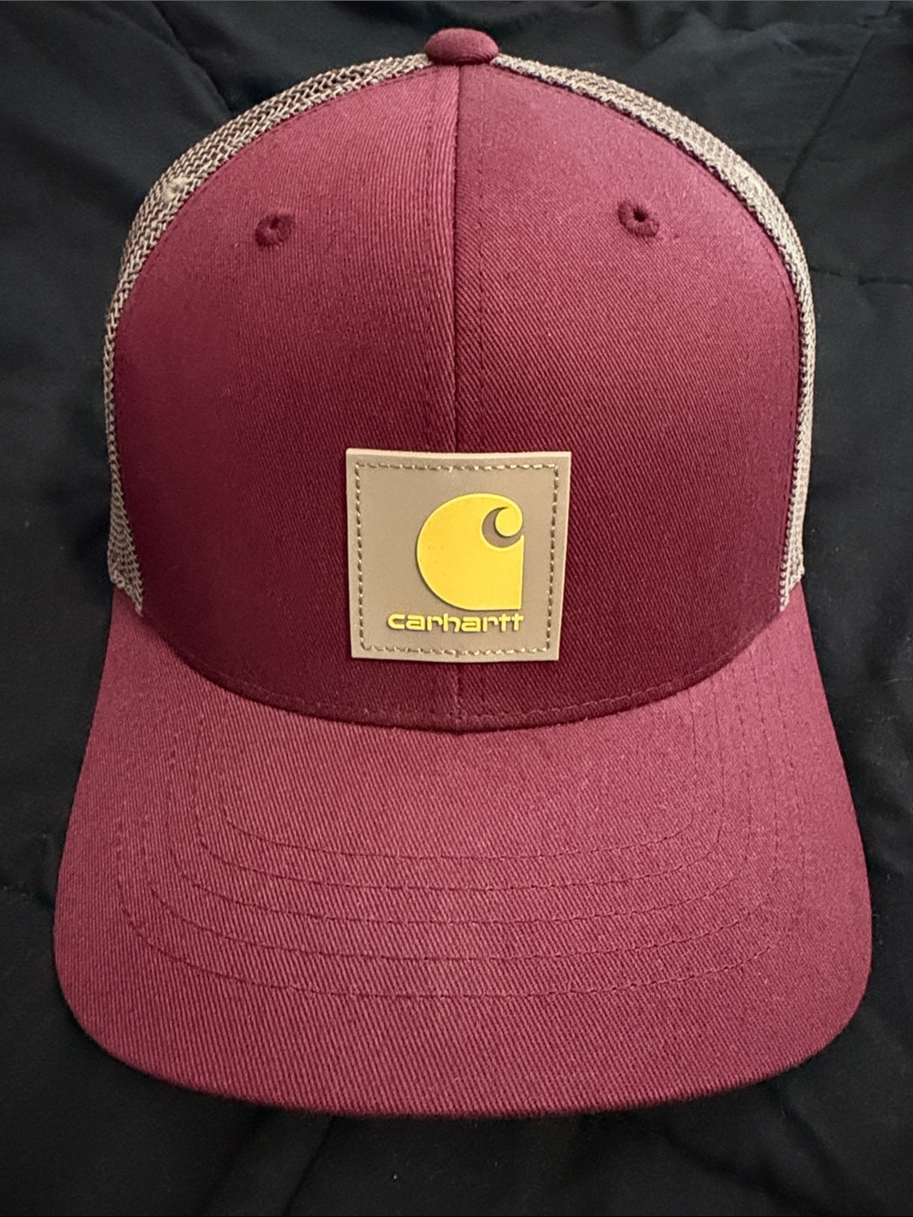 Carhartt Maroon and Tan Trucker Cap with Yellow Logo Patch